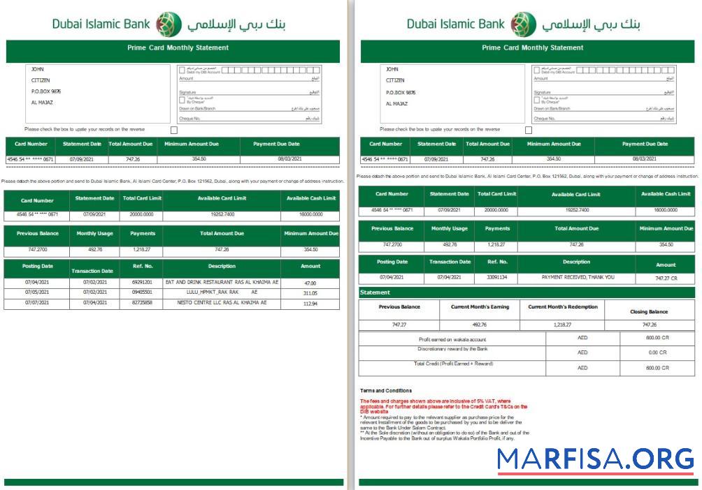 Printable UAE Dubai Islamic bank statement 3 pages download for verification